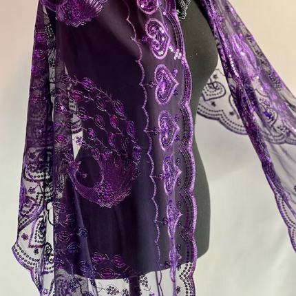 Peacock Sequin Chiffon Embellished Fringe Sheer Shawl Wrap Scarf SC309P (12pc)