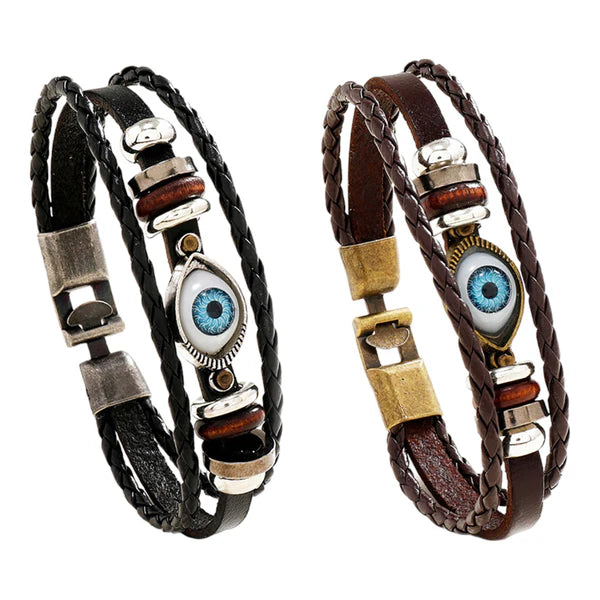 Evil Eye 3 Row Boho Leather Bracelet BR2826-22 (12PC)