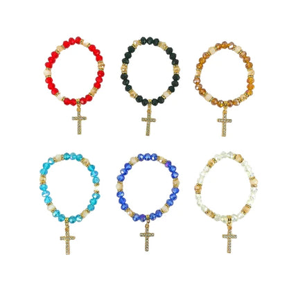 BEAD RHINESTONE CROSS CHARM BRACELET BR3723-5 (12PC)