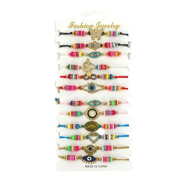 Bead Rhinestone Lucky Charm Adjustable Bracelet BR3724-25 (12PC)