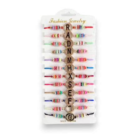 BEAD RHINESTONE LETTER CHARM ADJUSTABLE BRACELET BR3724-37 (12PC)