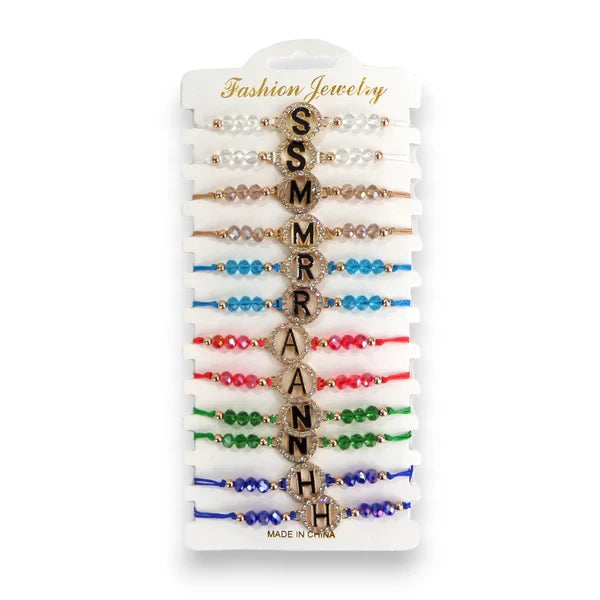 Bead Rhinestone Letter Charm Adjustable Bracelet BR3724-38 (12PC)