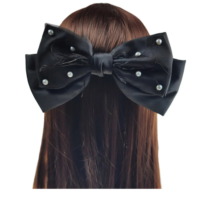 9.5 Inches Large Pearl Lace Decor Satin Bow Clip HC4112-4 (12PC)