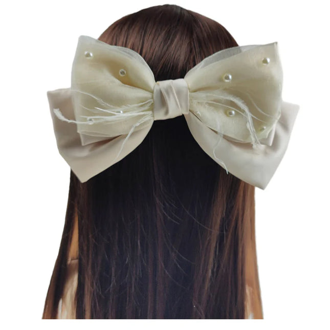 9.5 Inches Large Pearl Lace Decor Satin Bow Clip HC4112-4 (12PC)