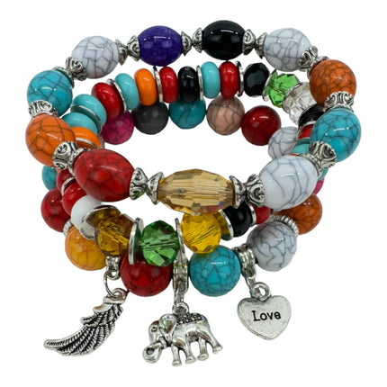 Natural Stone Elephant Charm Bracelet Set BR4228-17 (12PC)