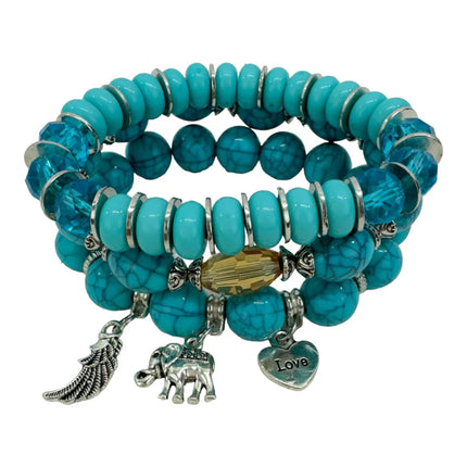 Natural Stone Elephant Charm Bracelet Set BR4228-17 (12PC)