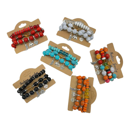 Natural Stone Elephant Charm Bracelet Set BR4228-17 (12PC)
