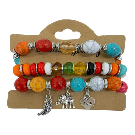 Natural Stone Elephant Charm Bracelet Set BR4228-17 (12PC)