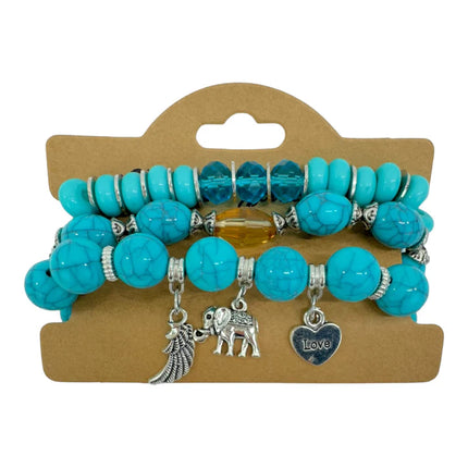 Natural Stone Elephant Charm Bracelet Set BR4228-17 (12PC)