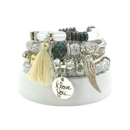 NATURAL STONE ANGEL WING CHARM BRACELET SET BR4228-2 (12PC)