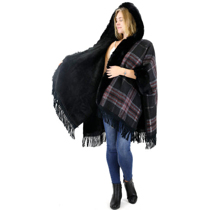 Faux Fur Plaid Pattern Hoodie Shawl P3805 (1PC)