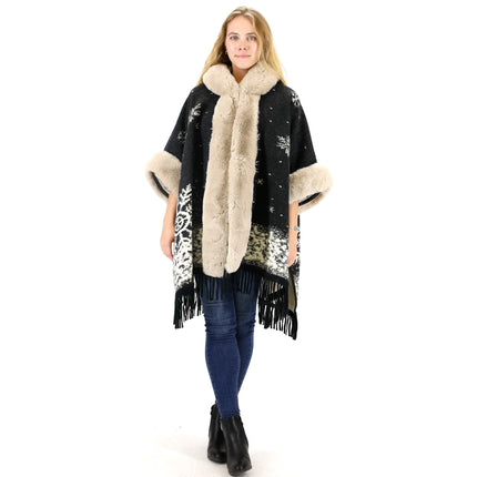 Faux Fur Snow Pattern Hoodie Shawl P3804 (1PC)