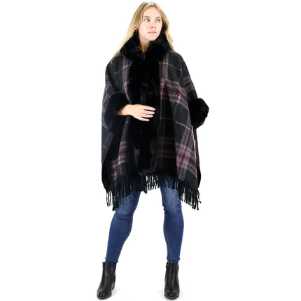 Faux Fur Plaid Pattern Hoodie Shawl P3805 (1PC)