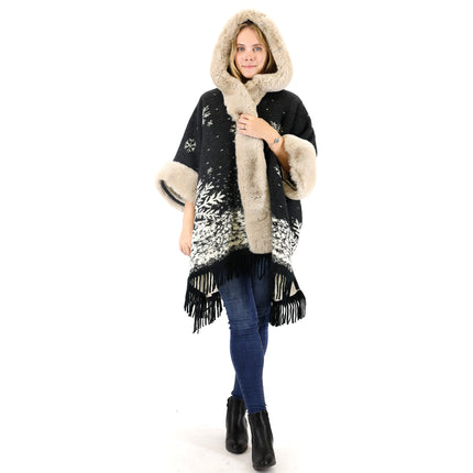 Faux Fur Snow Pattern Hoodie Shawl P3804 (1PC)