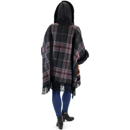 Faux Fur Plaid Pattern Hoodie Shawl P3805 (1PC)