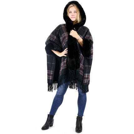 Faux Fur Plaid Pattern Hoodie Shawl P3805 (1PC)