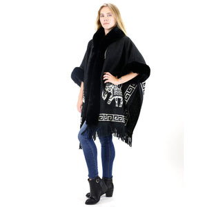 ELEPHANT PATTERN FAUX FUR FRINGED HODIE SHAWL 3825 (6PC)