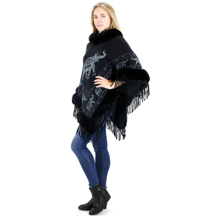 Elephant Pattern Fur Fringed Poncho P191 (12PC)