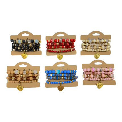 Natural Stone Heart Love Letter Charm Bracelet Set BR4228-5 (12PC)