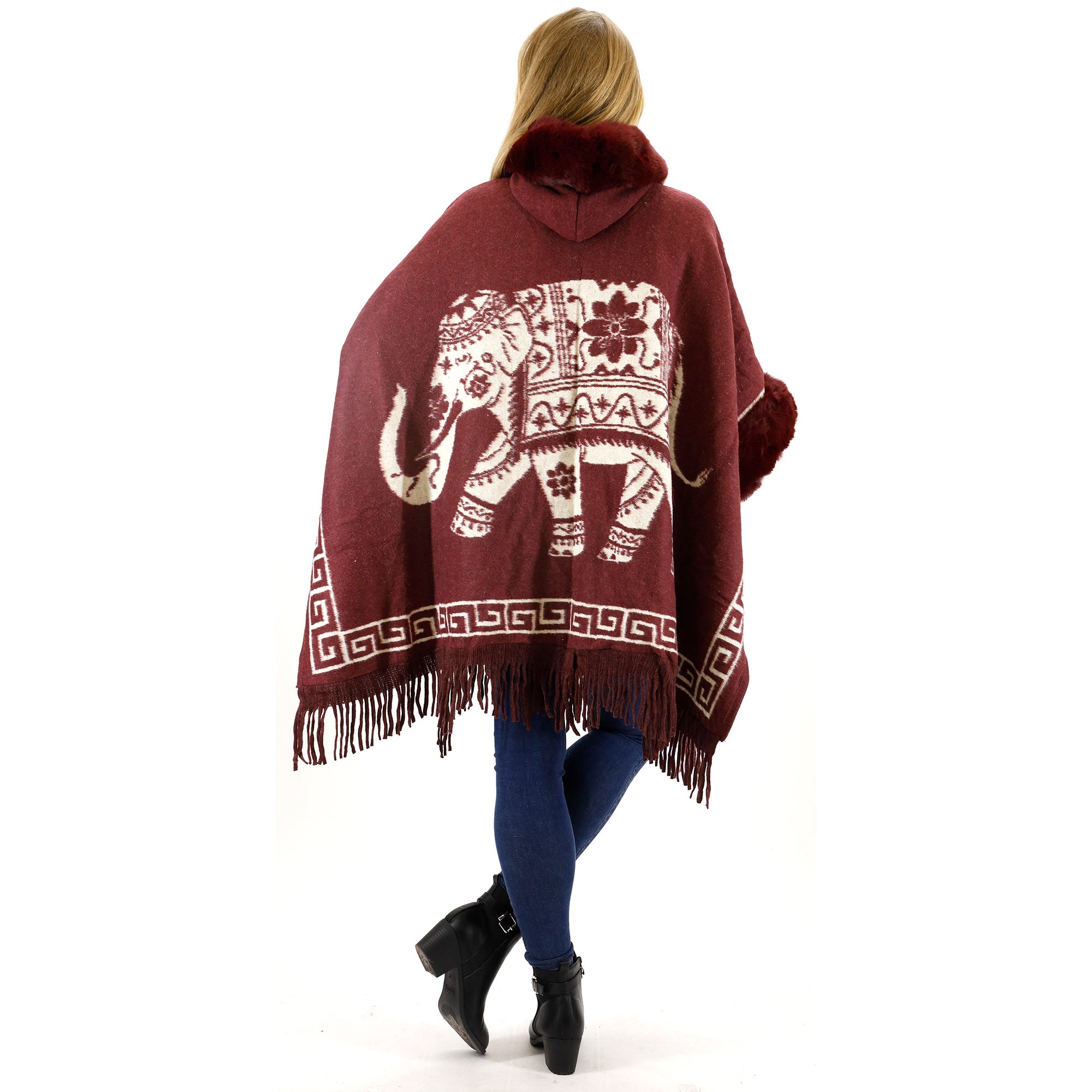 ELEPHANT PATTERN FAUX FUR FRINGED HODIE SHAWL 3825 (6PC)