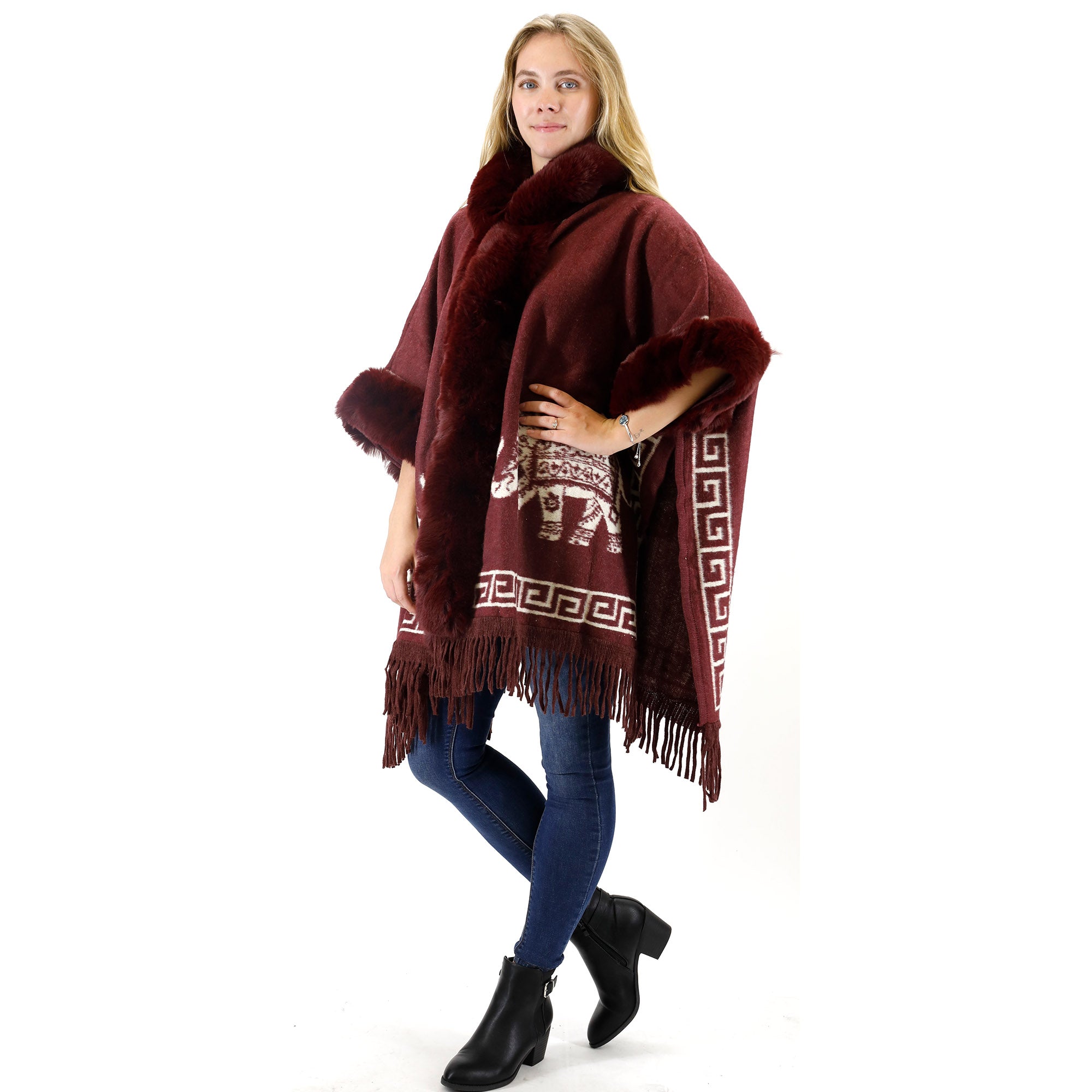 ELEPHANT PATTERN FAUX FUR FRINGED HODIE SHAWL 3825 (6PC)