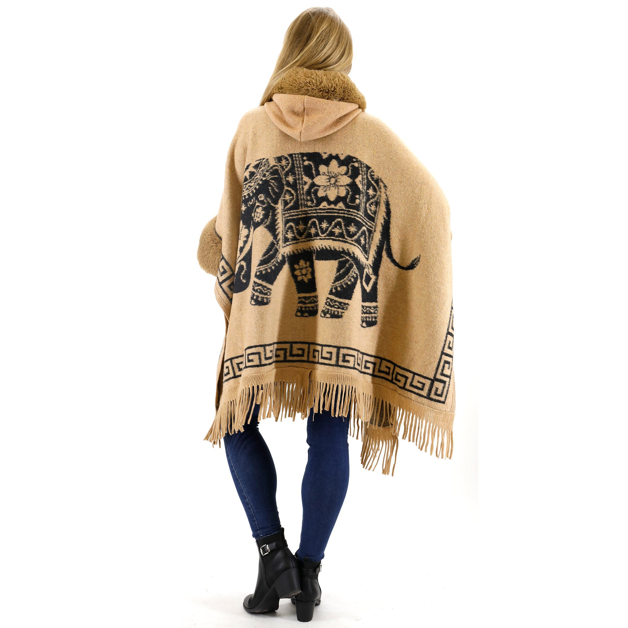 ELEPHANT PATTERN FAUX FUR FRINGED HODIE SHAWL 3825 (6PC)