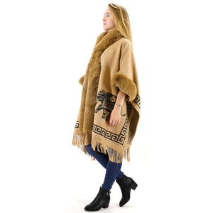 ELEPHANT PATTERN FAUX FUR FRINGED HODIE SHAWL 3825 (6PC)