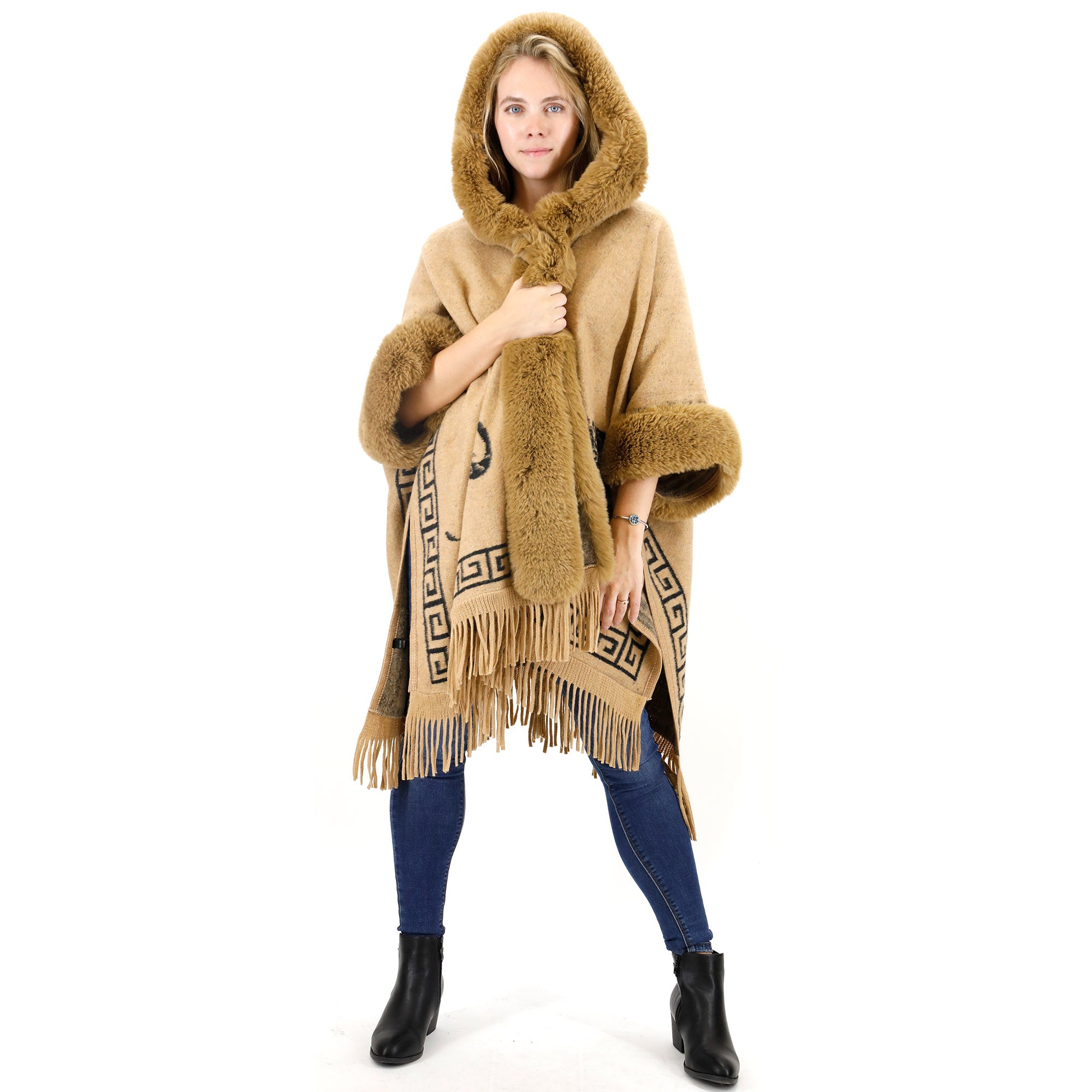 ELEPHANT PATTERN FAUX FUR FRINGED HODIE SHAWL 3825 (6PC)