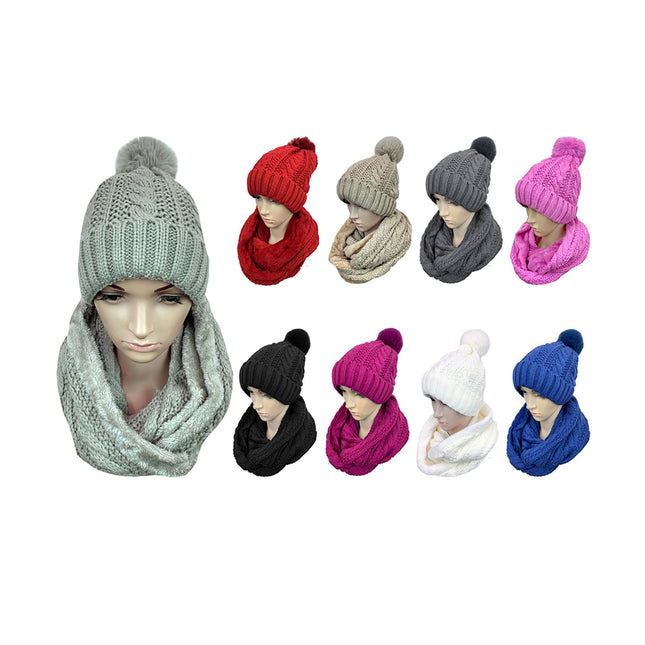 Pom Pom Knitted Beanie and Scarf Set CP2546 (12SET)