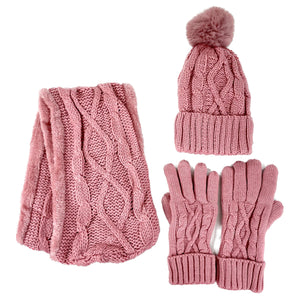 POM POM KNITTED BEANIE SCARF GLOVE 3 SET 3111 (12PC)