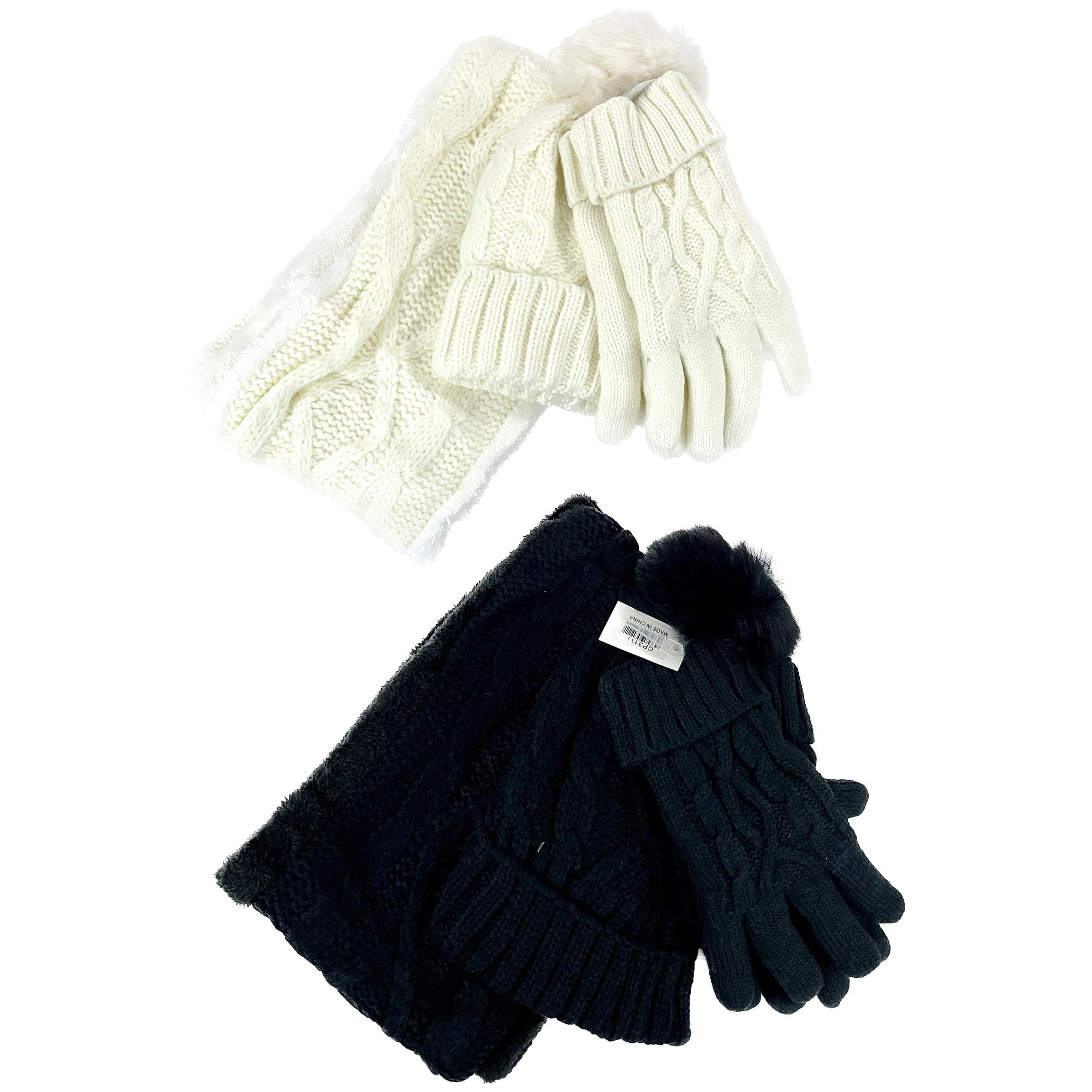 POM POM KNITTED BEANIE SCARF GLOVE 3 SET 3111 (12PC)