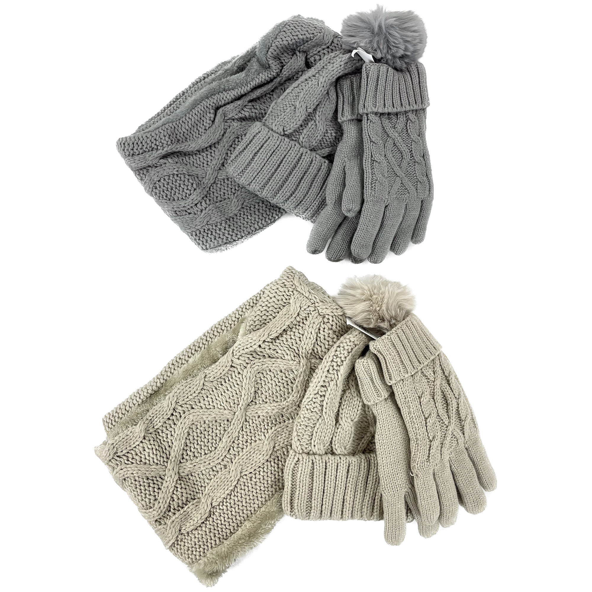 POM POM KNITTED BEANIE SCARF GLOVE 3 SET 3111 (12PC)