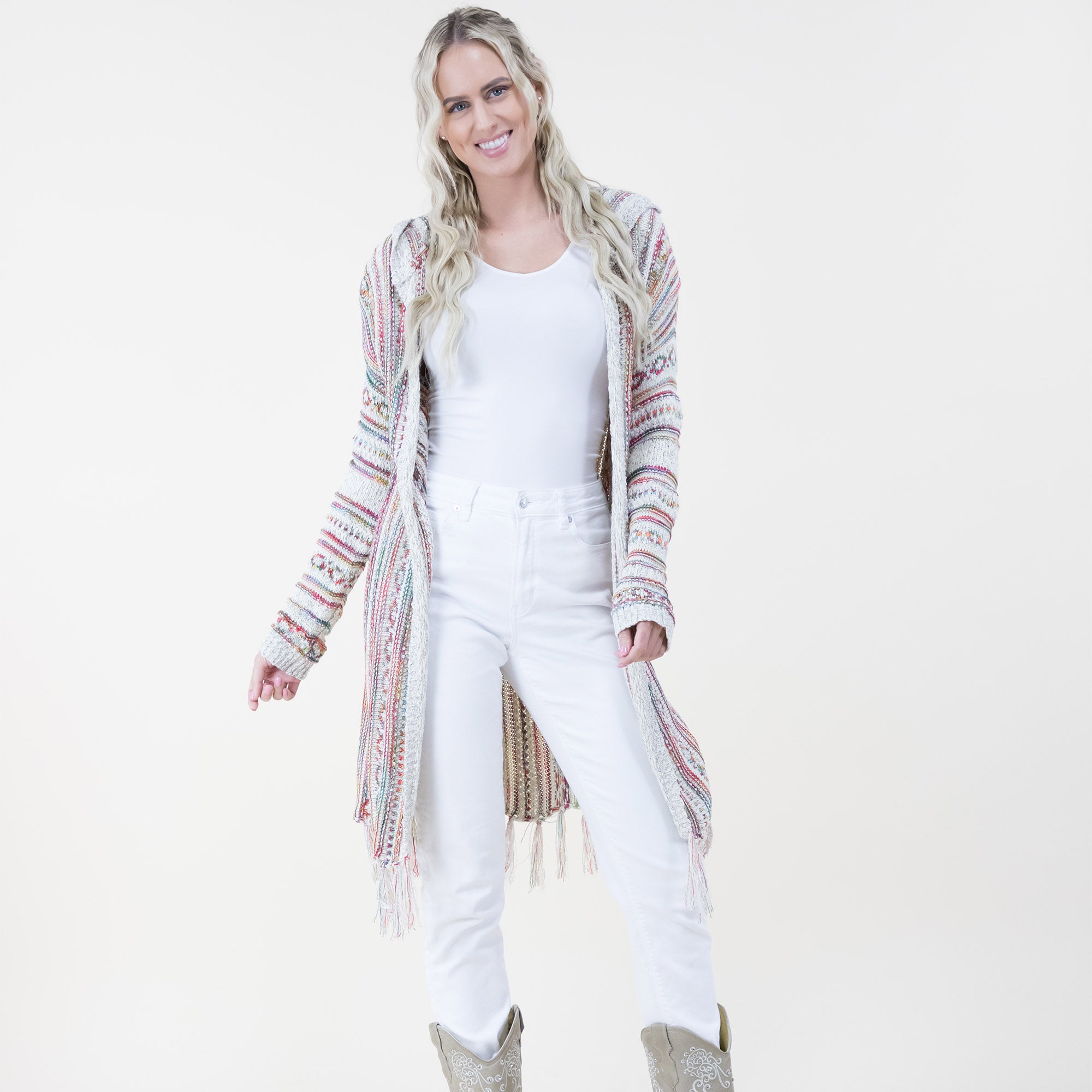 TRIBAL STRIPE PATTERN HOODIE FRINGED LONG CARDIGAN 64088 (6PC)