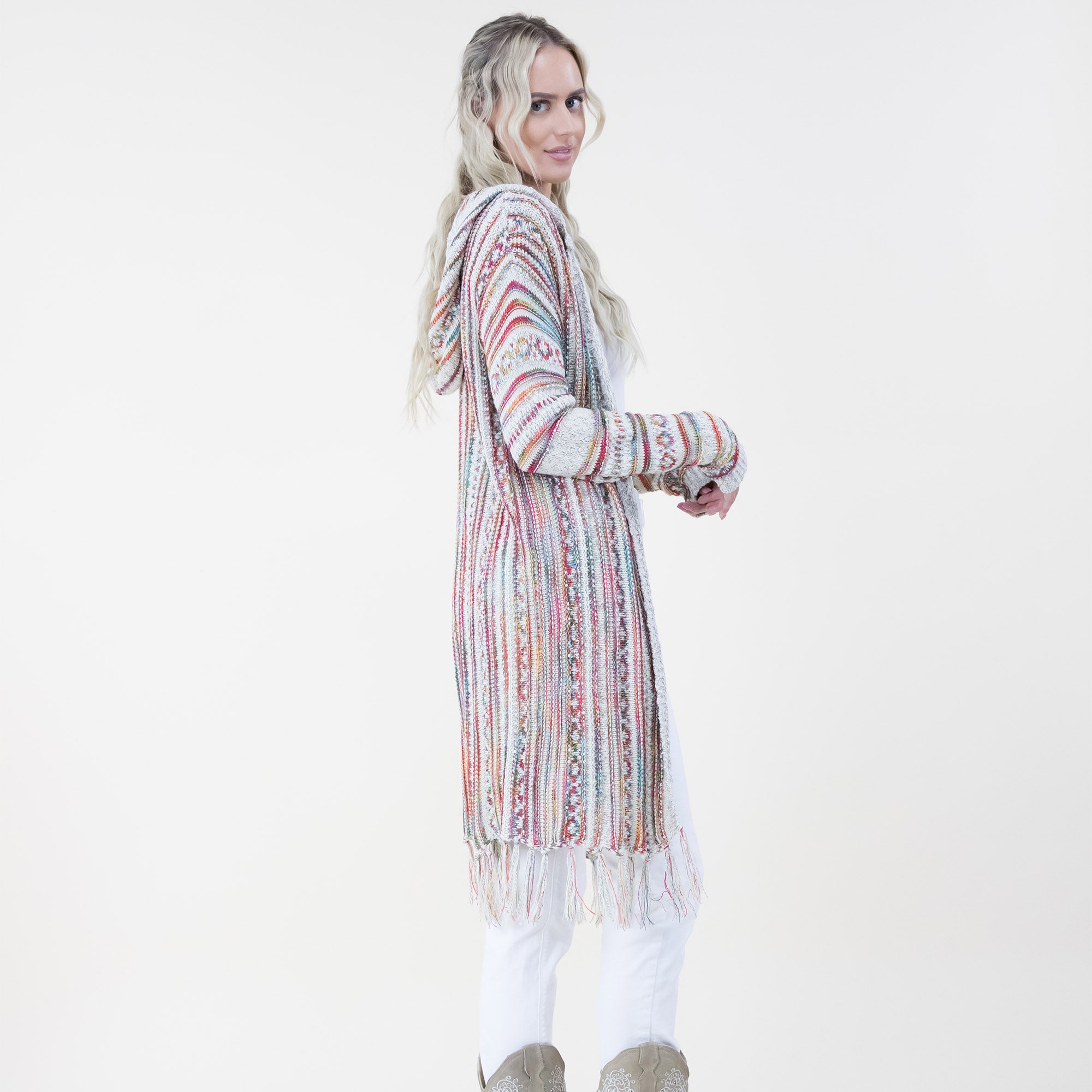 TRIBAL STRIPE PATTERN HOODIE FRINGED LONG CARDIGAN 64088 (6PC)