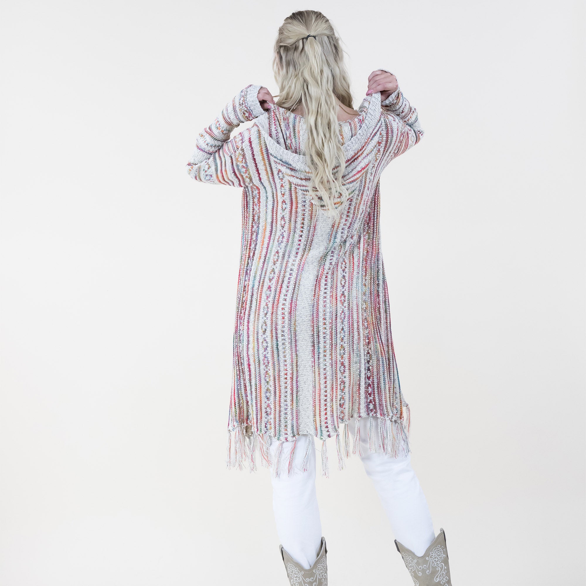 TRIBAL STRIPE PATTERN HOODIE FRINGED LONG CARDIGAN 64088 (6PC)