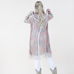 TRIBAL STRIPE PATTERN HOODIE FRINGED LONG CARDIGAN 64088 (6PC)
