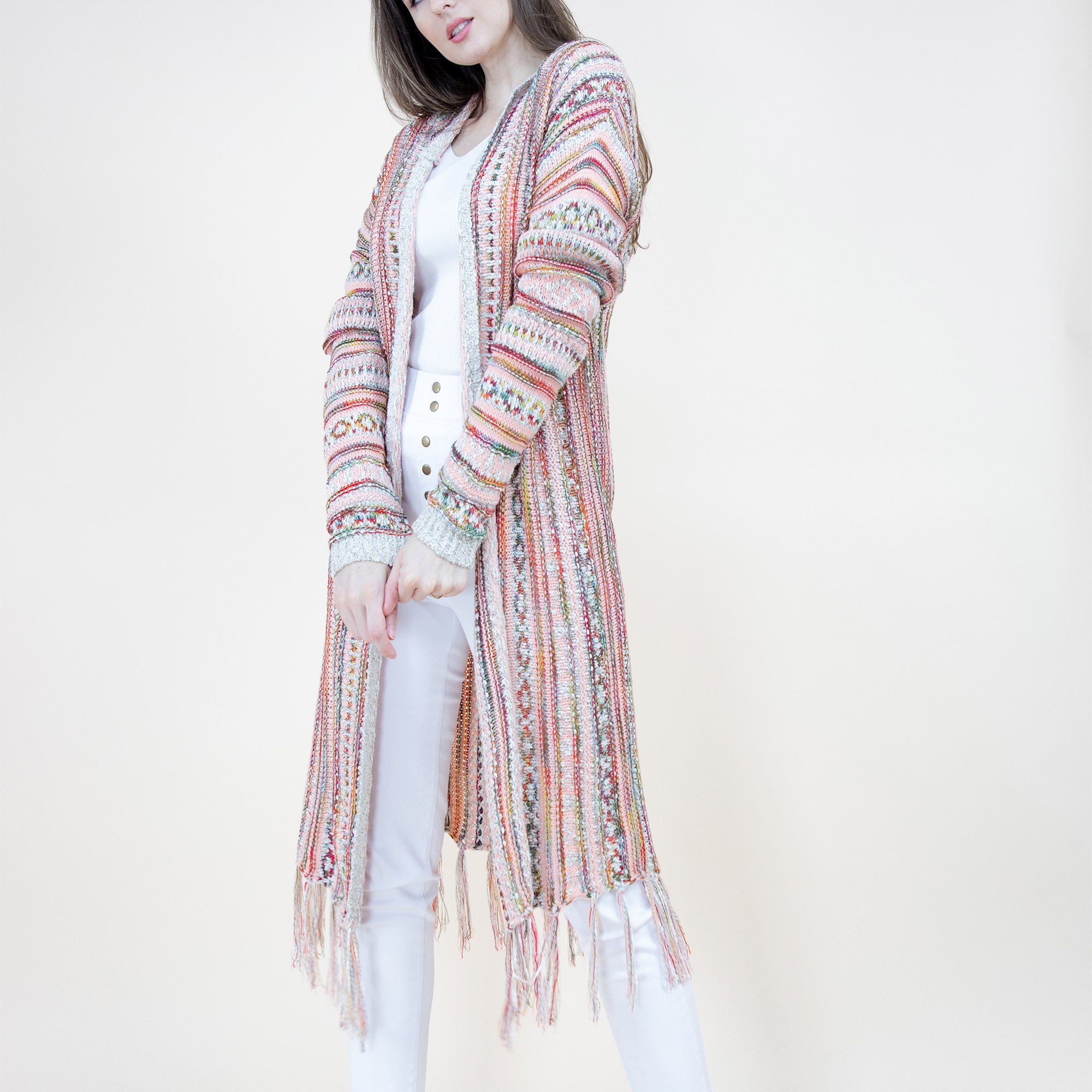 TRIBAL STRIPE PATTERN HOODIE FRINGED LONG CARDIGAN 64088 (6PC)