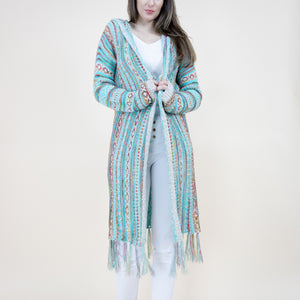 TRIBAL STRIPE PATTERN HOODIE FRINGED LONG CARDIGAN 64088 (6PC)