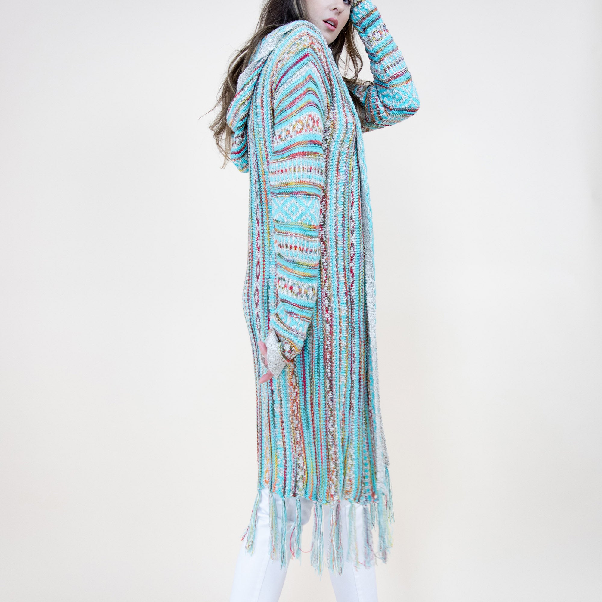 TRIBAL STRIPE PATTERN HOODIE FRINGED LONG CARDIGAN 64088 (6PC)