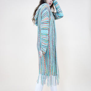 TRIBAL STRIPE PATTERN HOODIE FRINGED LONG CARDIGAN 64088 (6PC)