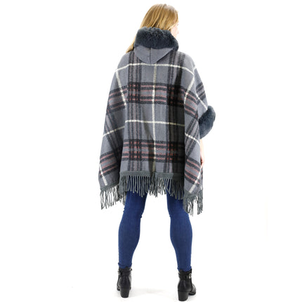 Faux Fur Plaid Pattern Hoodie Shawl P3805 (1PC)