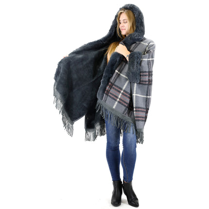 Faux Fur Plaid Pattern Hoodie Shawl P3805 (1PC)