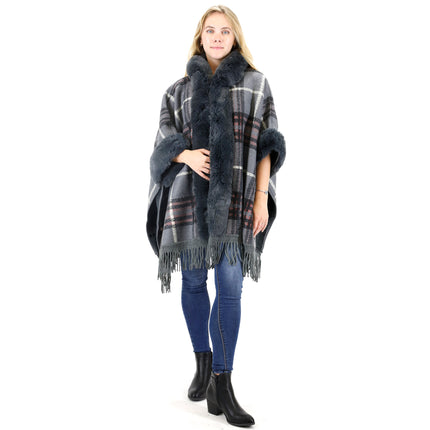 Faux Fur Plaid Pattern Hoodie Shawl P3805 (1PC)