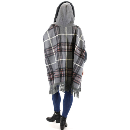 Faux Fur Plaid Pattern Hoodie Shawl P3805 (1PC)