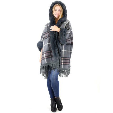 Faux Fur Plaid Pattern Hoodie Shawl P3805 (1PC)