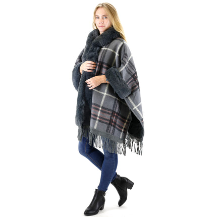 Faux Fur Plaid Pattern Hoodie Shawl P3805 (1PC)