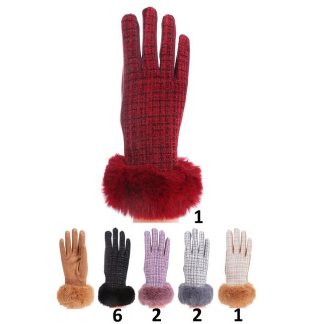 Women's Fur Check Pattern Gloves GL184 (12PAIR)