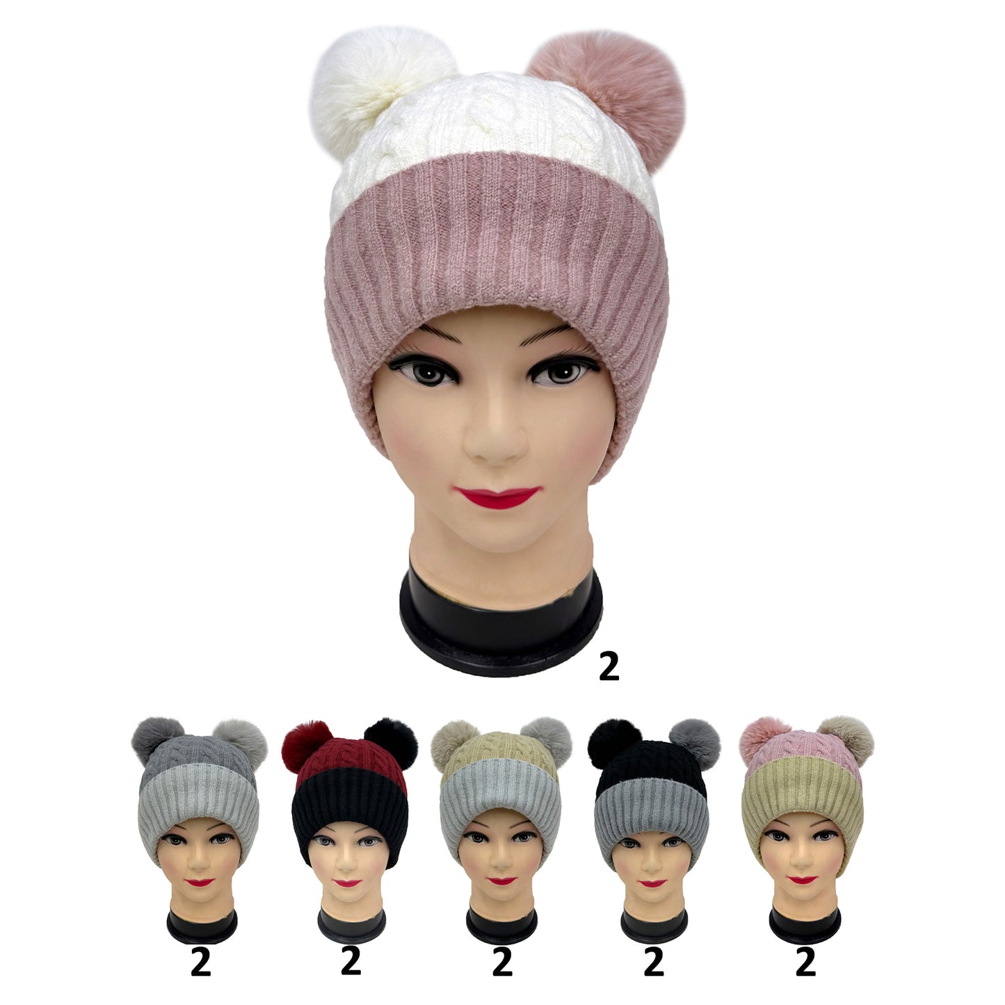 POM POM TWO COLOR KNITTED BEANIE 117 (12PC)