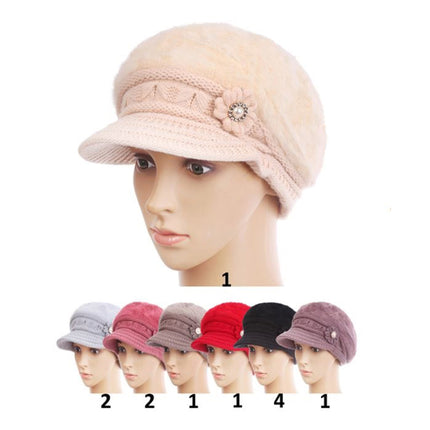 Women's Fur Visor Pearl Deco Knitted Hat H15-27 (12PC)