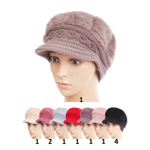 WOMEN'S FUR VISOR PEARL DECOR KNITTED HAT 15-29 (12PC)